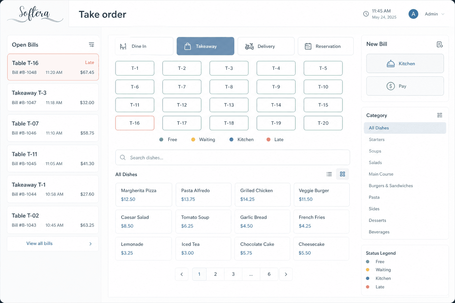 Dine360 take-order POS screen with Softera branding