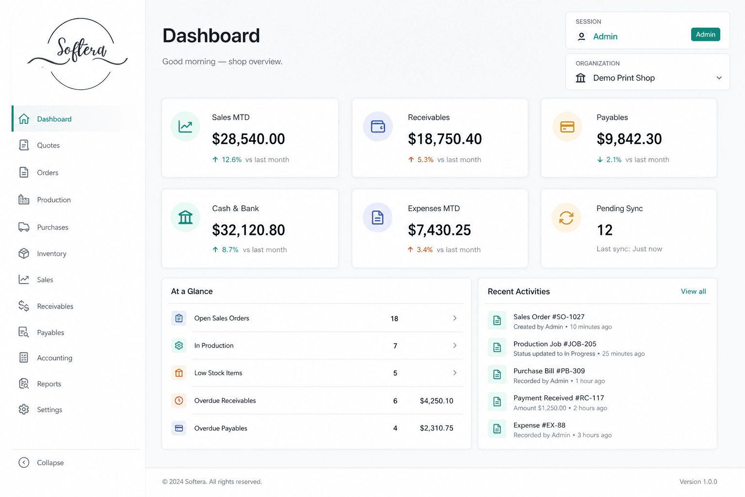 Graphics ERP dashboard with Softera branding