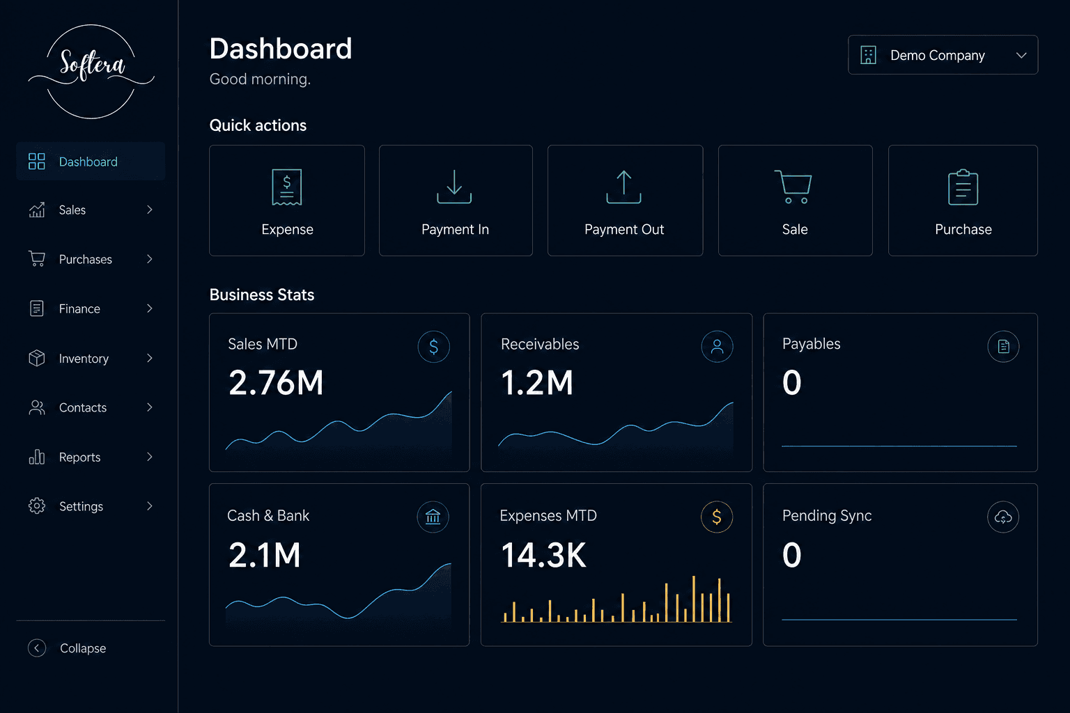 Softera App premium ERP dashboard with Softera branding
