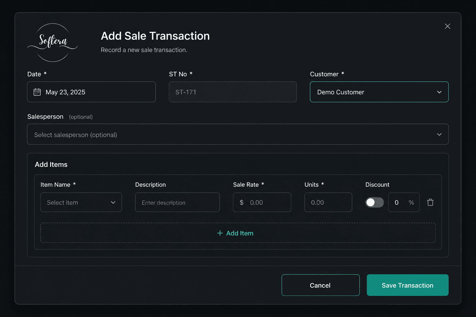 Softera transaction form showing structured business data entry