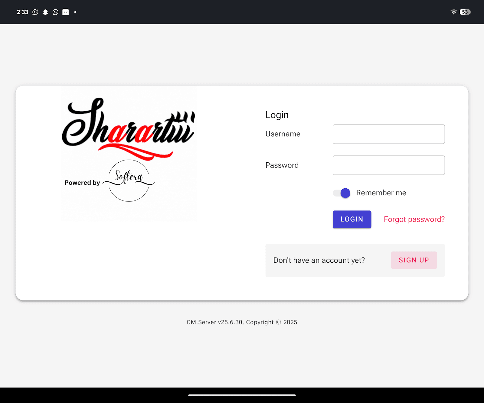 Softera login screen with Powered by Softera logo