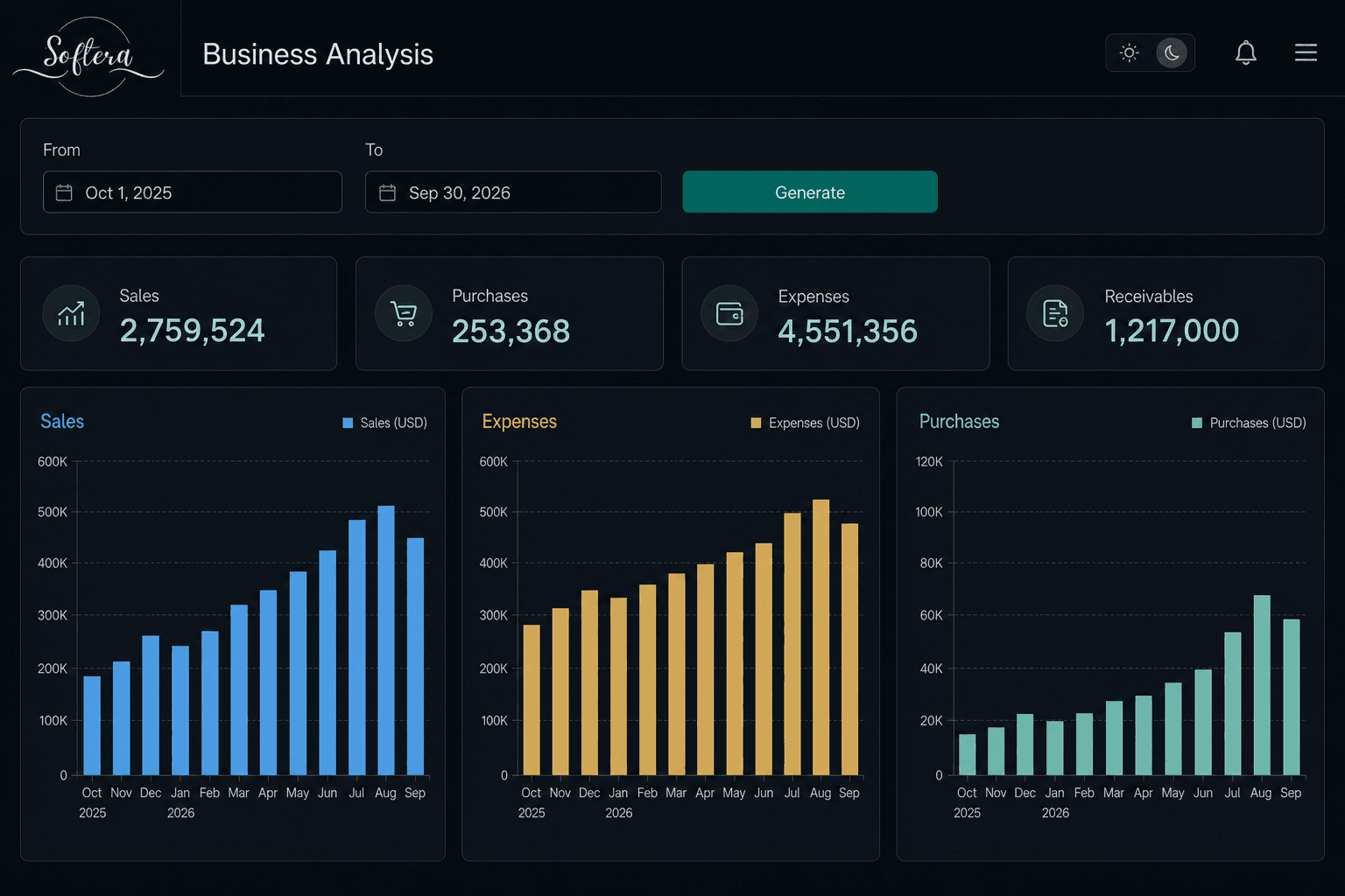 Softera Business Analysis report with KPIs and monthly charts